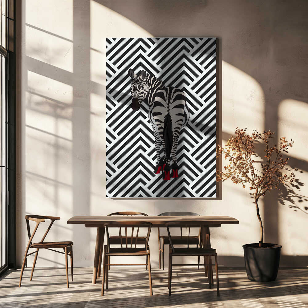 Zebra heels retro by Sarah Manovski, wall art above a wood dining table; a zebra wearing red high heels against a black-and-white chevron background.