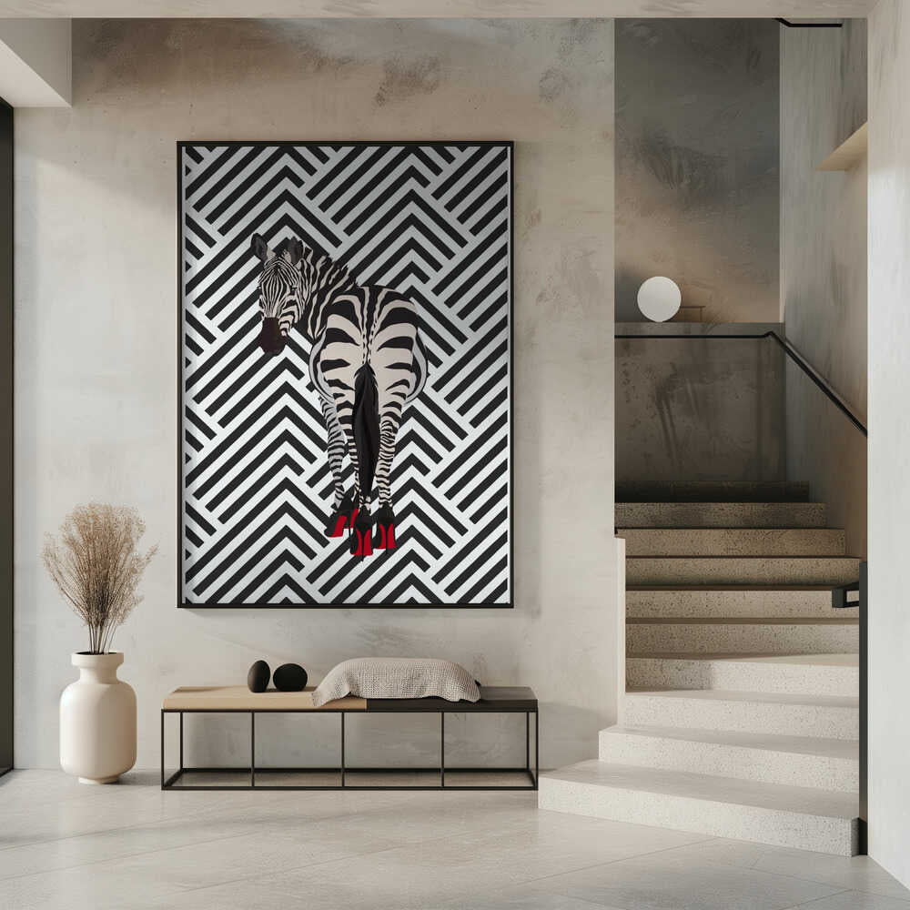 Zebra heels retro by Sarah Manovski, wall art above a console beside a staircase; a zebra wearing red high heels against a black-and-white chevron background.