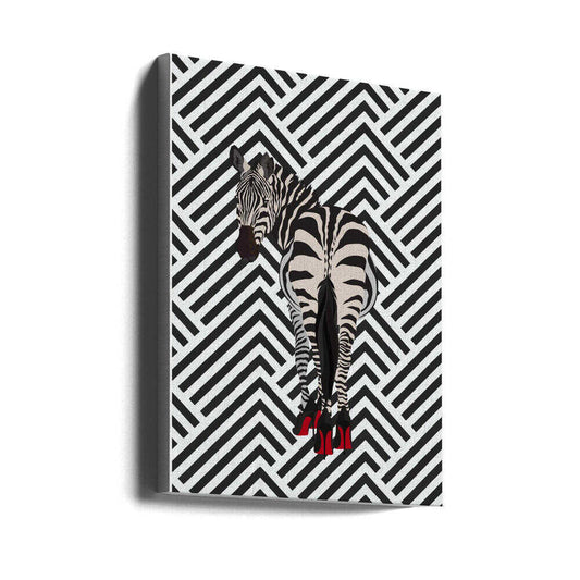 Zebra heels retro by Sarah Manovski, gallery-wrapped canvas viewed at an angle; a zebra wearing red high heels against a black-and-white chevron background.