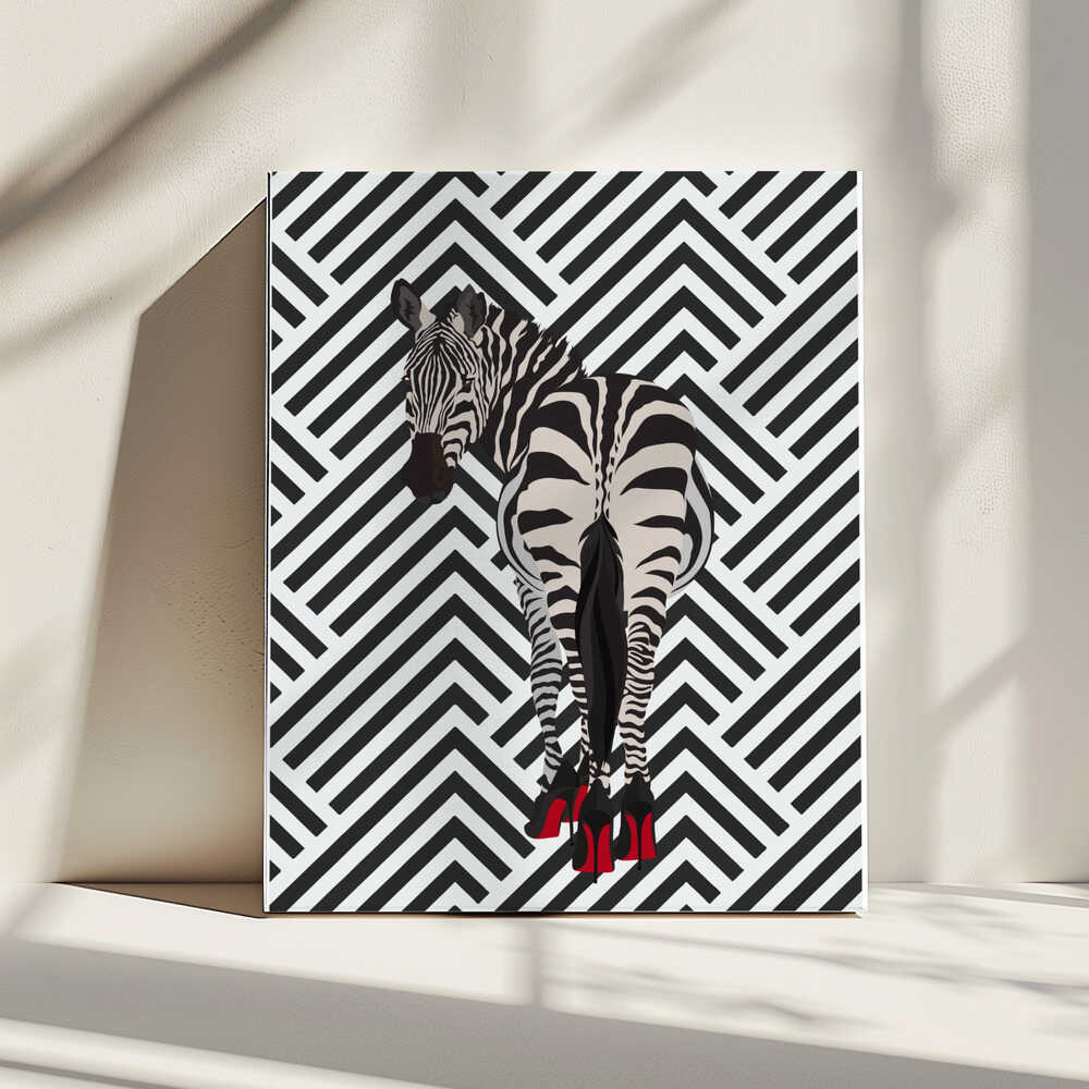 Zebra heels retro by Sarah Manovski, gallery-wrapped canvas on a sunlit shelf; a zebra wearing red high heels against a black-and-white chevron background.