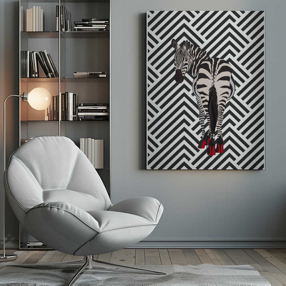 Zebra heels retro by Sarah Manovski, canvas beside a gray lounge chair and bookshelf; a zebra wearing red high heels against a black-and-white chevron background.