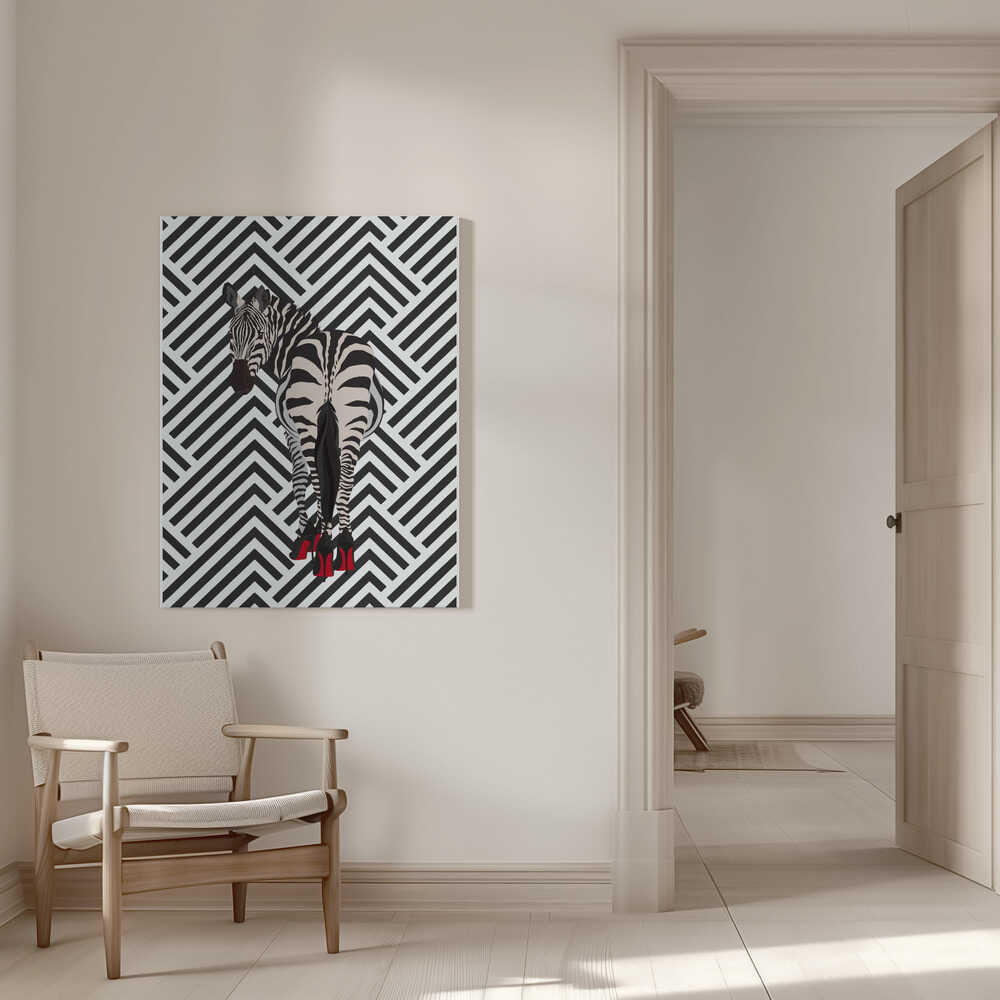 Zebra heels retro by Sarah Manovski, canvas beside a wood chair and open doorway; a zebra wearing red high heels against a black-and-white chevron background.